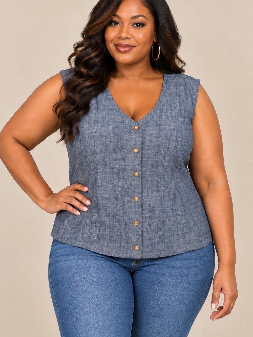 Lee Sleeveless V-Neck Button-Front Top in Chambray Blue - NWT